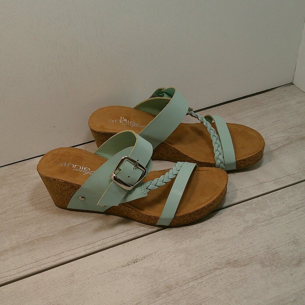 Annie Comfort Light Aqua Boho Summer Cork Coastal Wedges Braided Strap SZ 6.5 - Picture 7 of 13